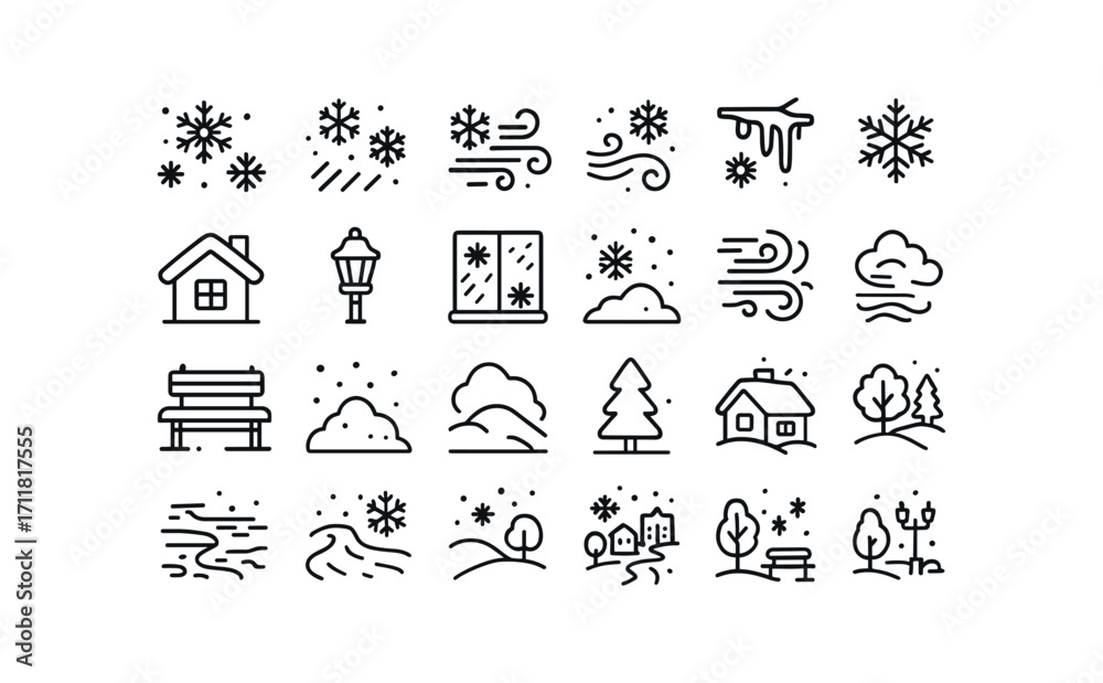 vector outline icons Snowflakes (Scenes) falling snow drifting snow swirling snow branch snowy roof snowy lamp frosty glass icy road snowy bench snow pile snow drift blizzard wind snowstorm.