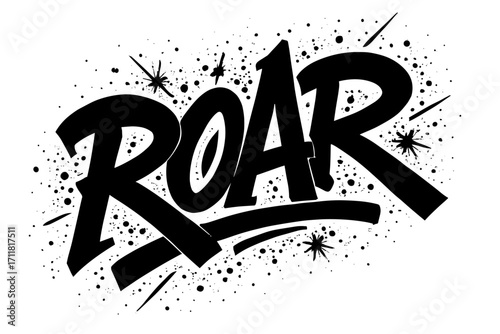 Roar graffiti lettering thick wild strokes surrounded by splatter sparks diagonal decorative composition clean white background vector look high contrast.