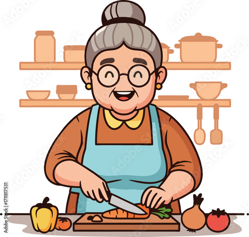Grandma Chopping Fresh Vegetables in Kitchen – Cartoon Vector Illustration of Elderly Woman Preparing Food