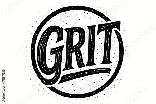 Grit rustic bold calligraphy carved heavy lines surrounded by dust specks circular frame composition clean white background vector look high contrast.