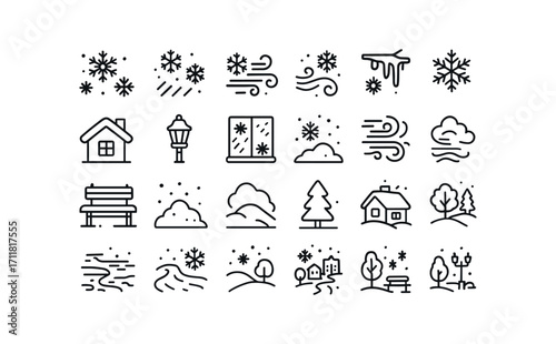 vector outline icons Snowflakes (Scenes) falling snow drifting snow swirling snow branch snowy roof snowy lamp frosty glass icy road snowy bench snow pile snow drift blizzard wind snowstorm.