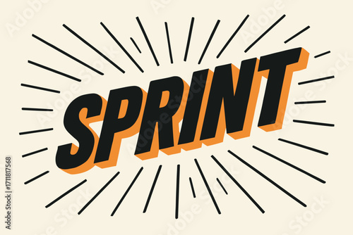 Sprint retro poster lettering fast italic blocks surrounded by motion rays horizontal balanced layout clean white background vector look high contrast.