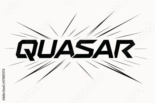 Quasar cyber lettering sharp techno angles surrounded by light streaks horizontal balanced layout clean white background vector look high contrast.