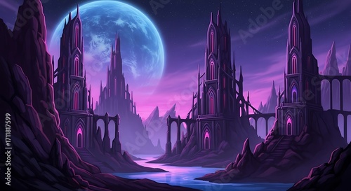 Mysterious Ancient Cityscape Under a Blue Moon.