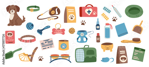 Ad set of accessories for dogs isolated on white background. The concept of pet care. The concept of travel with puppy. Vector flat cliparts.