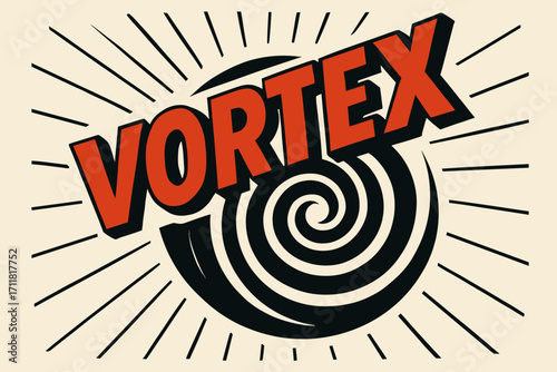 Vortex retro poster lettering strong spiral curves surrounded by rays diagonal decorative composition clean white background vector look high contrast.