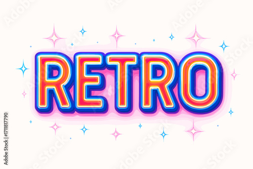Shiny retro neon lettering glowing structured tone surrounded by sparkles horizontal balanced layout clean white background vector look high contrast.