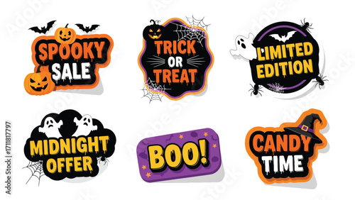 A collection of six festive Halloween-themed sale and offer badges featuring pumpkins, ghosts, bats, spiders, and spooky text for seasonal promotions.