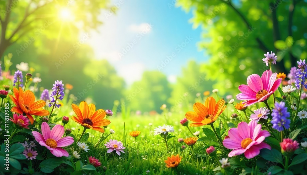 Fototapeta premium Vibrant summer scene bursting with colorful flowers, lush greenery, and bright sunlight Perfect for summer themes, travel, nature, and vibrant backgrounds , joyful, foliage