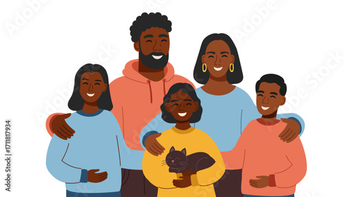 Illustration of black skin family isolated on white background. Father, mother, three children and pets. Family concept. Vector flat clipart.