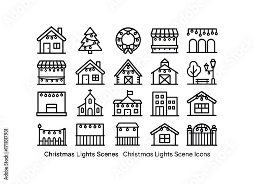 vector outline icons Christmas Lights (Scenes) house lights tree lights wreath lights street lights shop lights market lights cabin lights lodge lights barn lights hall lights stage lights.