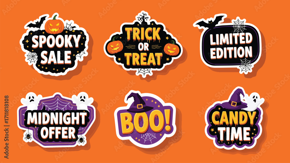 Fototapeta premium A collection of six colorful Halloween-themed sale and offer stickers featuring spooky graphics, pumpkins, ghosts, bats, and festive text like 