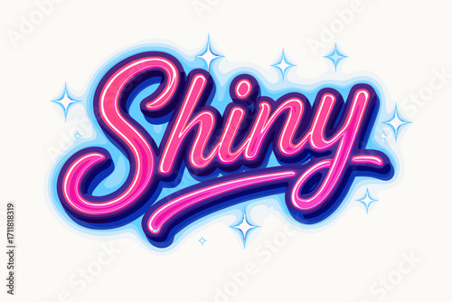 Shiny retro neon calligraphy glowing thick strokes surrounded by sparkles horizontal balanced layout clean white background vector look high contrast.