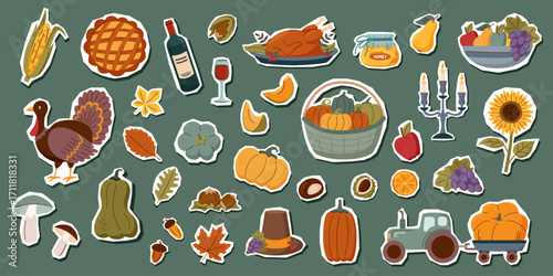 Set of Thanksgiving elements cliparts isolated. Thanksgiving and harvest concept. Vector flat objects.