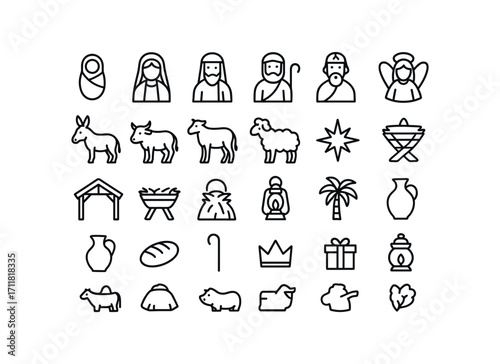 vector outline icons Nativity Scene (Figures) baby jesus mary figure joseph figure shepherd man wise man angel figure donkey animal ox animal camel animal sheep animal star bright manger.
