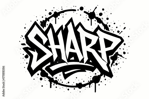 Sharp graffiti lettering jagged heavy tone surrounded by splatters circular frame composition clean white background vector look high contrast.