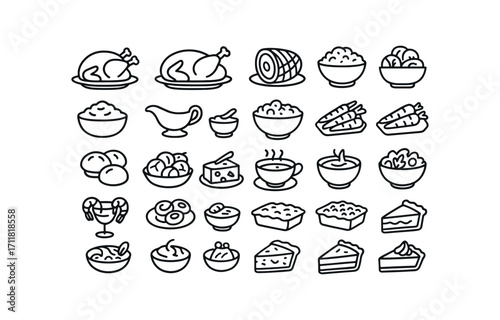vector outline icons Christmas Food (Meals) roast turkey roast chicken glazed ham beef roast mashed potatoes gravy boat stuffing bowl cranberry sauce brussels sprouts green beans roasted.