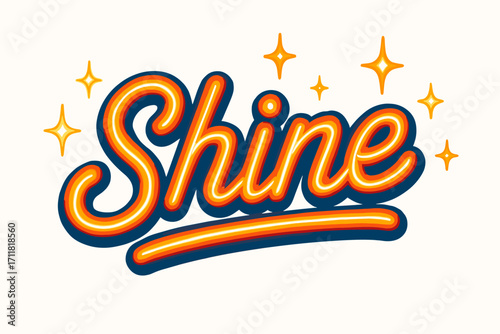 Shine retro neon lettering glowing bold style surrounded by sparkles horizontal balanced layout clean white background vector look high contrast.