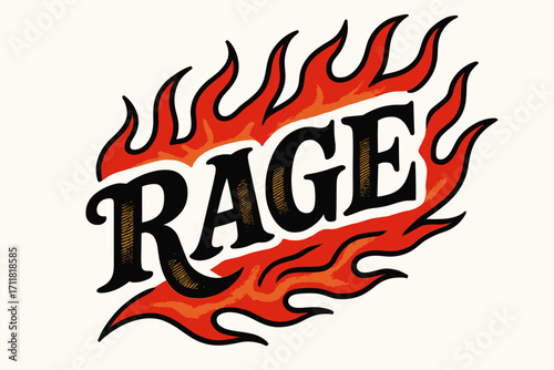 Rage old school tattoo lettering bold heavy curves surrounded by flames diagonal decorative composition clean white background vector look high contrast.