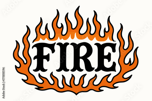 Fire old school tattoo lettering heavy bold curves surrounded by flames horizontal balanced layout clean white background vector look high contrast.