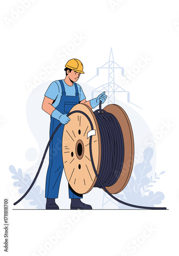 Electrician working with a large spool of cable on a construction site.