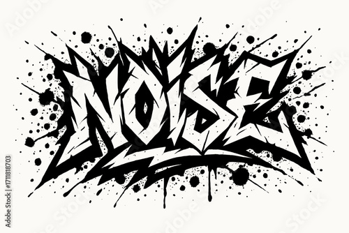 Noise graffiti lettering chaotic jagged tone surrounded by splatters horizontal balanced layout clean white background vector look high contrast.