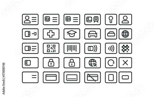 vector outline icons Smart Card (Types) smartcard id smartcard debit smartcard credit smartcard sim smartcard metro smartcard access smartcard key smartcard health smartcard student.