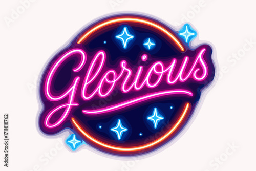 Glorious retro neon calligraphy glowing bold style surrounded by stars circular frame composition clean white background vector look high contrast.
