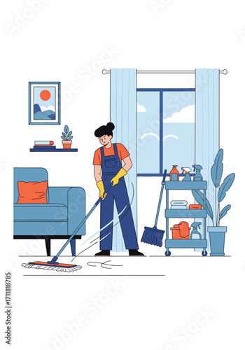 A person cleaning a messy living room with a broom and mop.