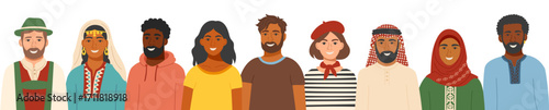 Portraits of men and women of different nationalities in traditional clothing. Concept of cultural diversity, social inclusion, equality and friendship. Vector flat template.