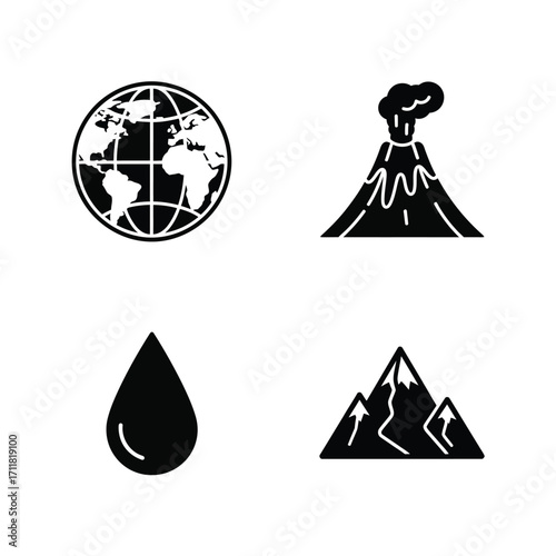 Earth's Natural Elements Globe, Volcano, Water Drop, Mountains