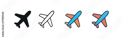 Vector icon transport airplane same pose same proportions four styles black solid glyph outline minimal flat multicolor filled cartoon flat shaded.