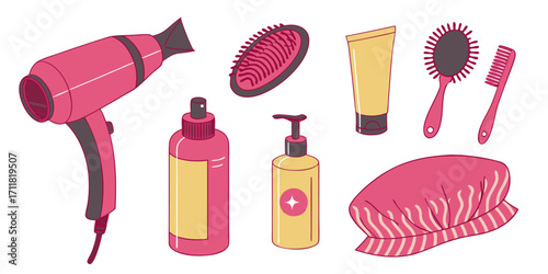 Hair salon vector tools set hair dryer and comb kinds flat illustration set
