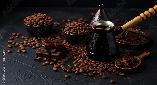 Dark Coffee Beans and Chocolate.