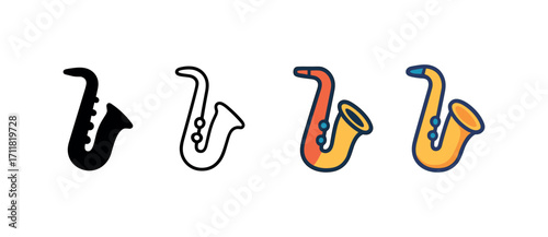 Vector icon music saxophone same pose same proportions four styles black solid glyph outline minimal flat multicolor filled cartoon flat shaded.