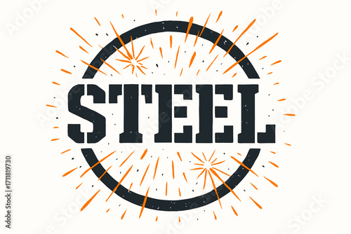 Steel stencil military lettering block heavy lines surrounded by sparks circular frame composition clean white background vector look high contrast.