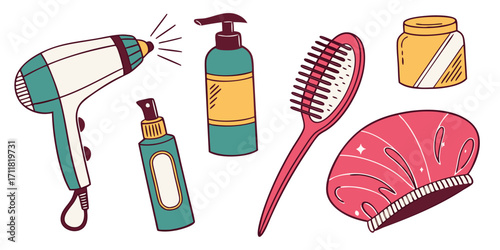Hair salon vector tools set hair dryer and comb kinds flat illustration set
