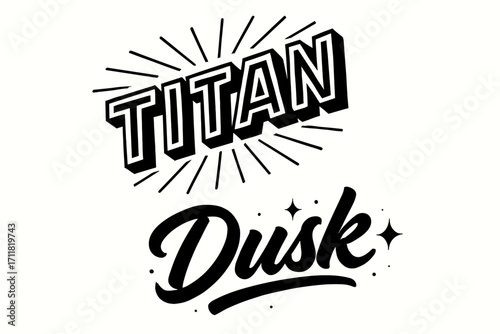 Titan retro poster lettering massive block strokes surrounded by radiant rays diagonal decorative composition clean white background vector look high contrast.