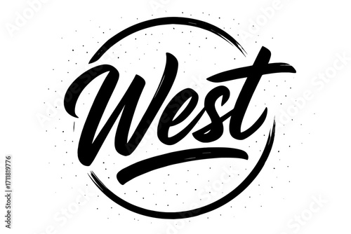 West brush lettering sweeping bold arc surrounded by dust specks circular frame composition clean white background vector look high contrast.