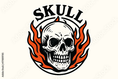 Skull old school tattoo lettering heavy dramatic strokes surrounded by flames circular frame composition clean white background vector look high contrast.