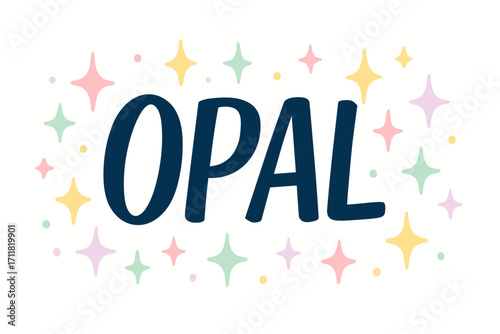 Opal marker lettering soft condensed stroke surrounded by pastel sparkles horizontal balanced layout clean white background vector look high contrast.