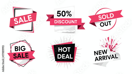 A collection of six vibrant sale and discount badges, including "Sale," "50% Discount," "Sold Out," "Big Sale," "Hot Deal," and "New Arrival," designed for r...