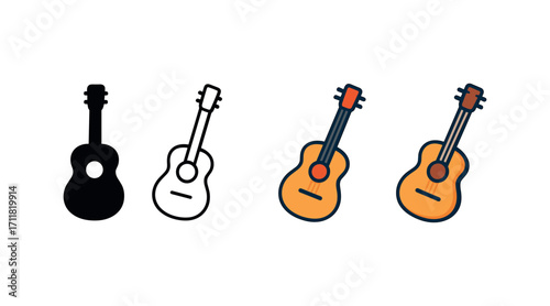 Vector icon music guitar acoustic same pose same proportions four styles black solid glyph outline minimal flat multicolor filled cartoon flat shaded.