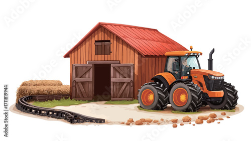 A digital illustration depicting a wooden barn with a red roof and an orange tractor parked beside it. Hay bales are visible near the barn. The scene is set against a white background and includes