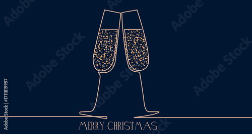 Christmas Card with Two Champagne Glasses Hand Drawn Style. Happy New Year Greeting Card Design with Wine Glasses, Golden Glitter Texture. Winter Holiday Template. Vector Xmas Background