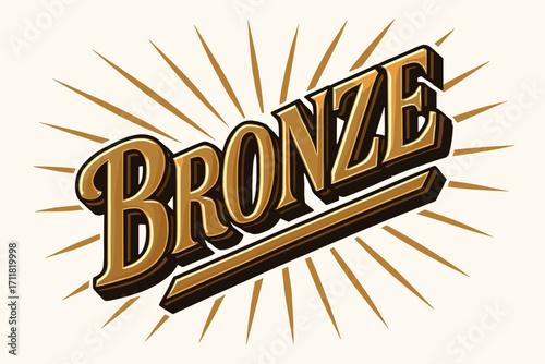 Bronze retro poster lettering metallic bold curves surrounded by light rays diagonal decorative composition clean white background vector look high contrast.