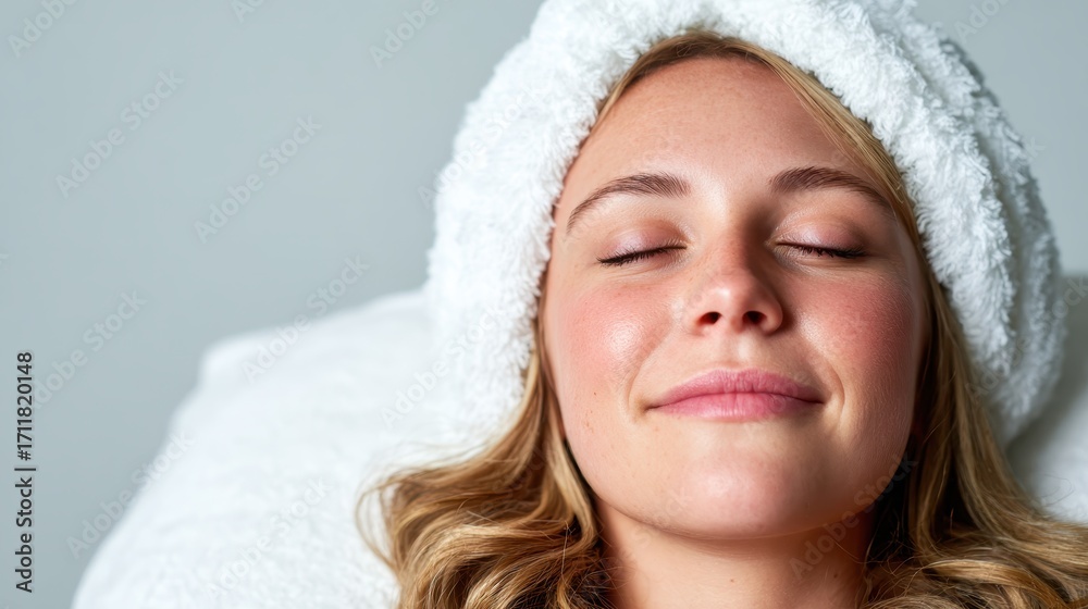 Obraz premium A woman with a peaceful expression enjoys a spa treatment, highlighting relaxation and self-care. The soft lighting and attire contribute to a soothing ambiance.