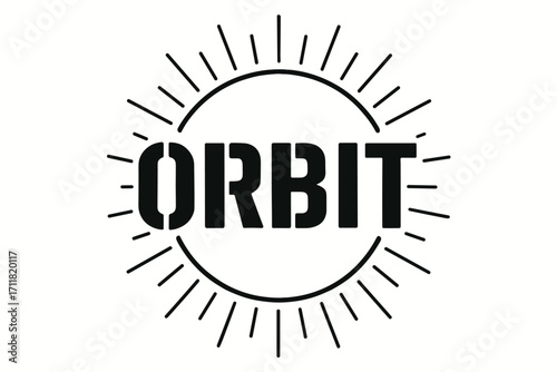Orbit stencil military lettering block cut strokes surrounded by thin rays circular frame composition clean white background vector look high contrast.