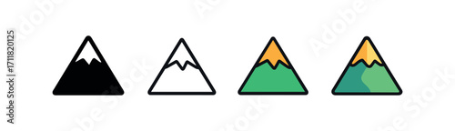 Vector icon travel mountain same pose same proportions four styles black solid glyph outline minimal flat multicolor filled cartoon flat shaded.