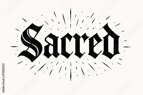 Sacred gothic medieval lettering strong dramatic strokes surrounded by sparks horizontal balanced layout clean white background vector look high contrast.